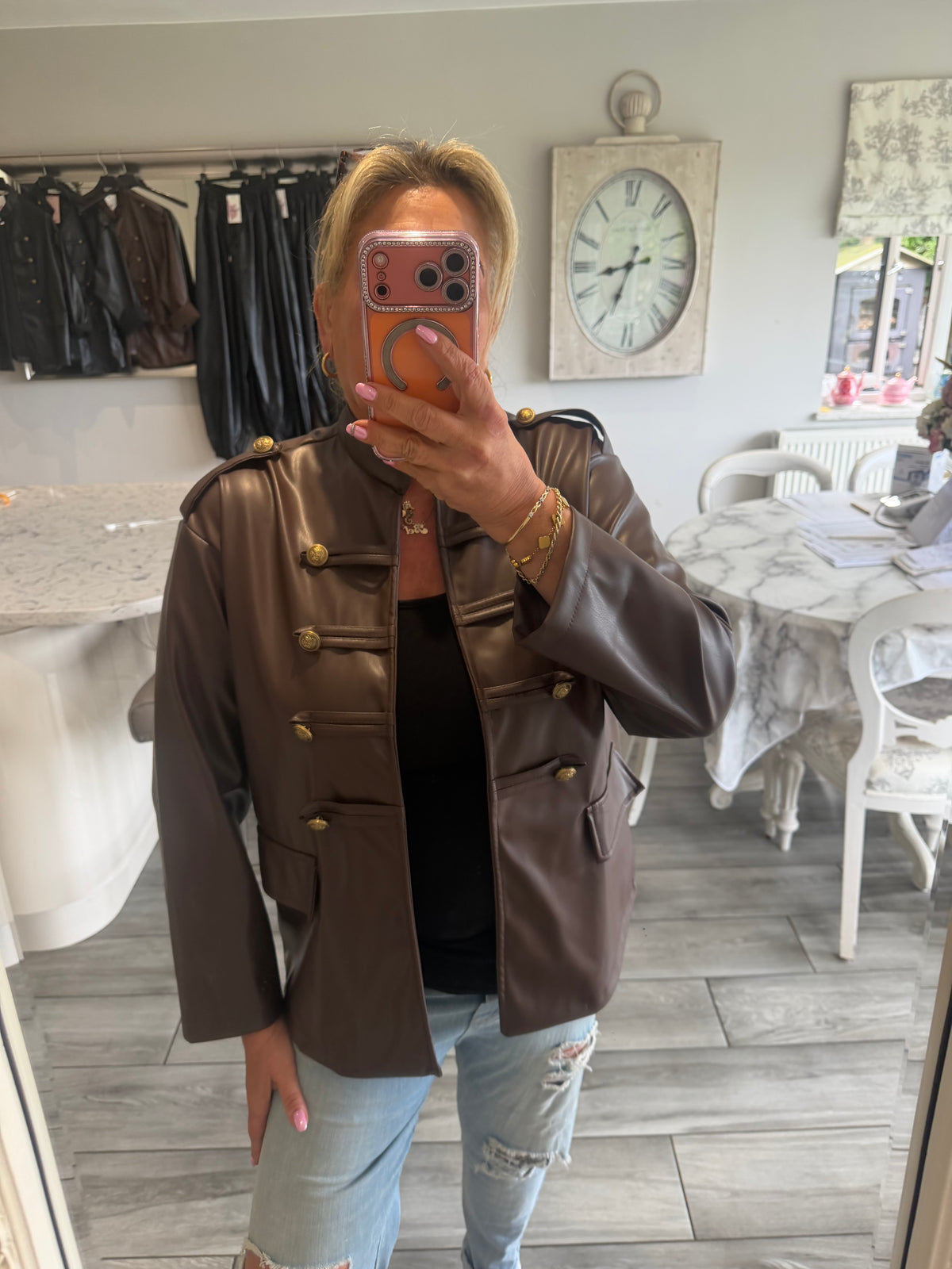 Suzie military style faux leather open jacket