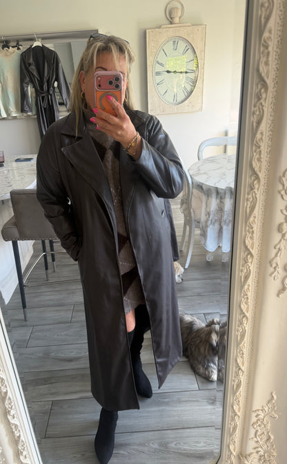Ruby faux leather chocolate brown coat tie belt