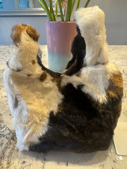 Dionne small flat faux fur bag with gold chain shoulder strap