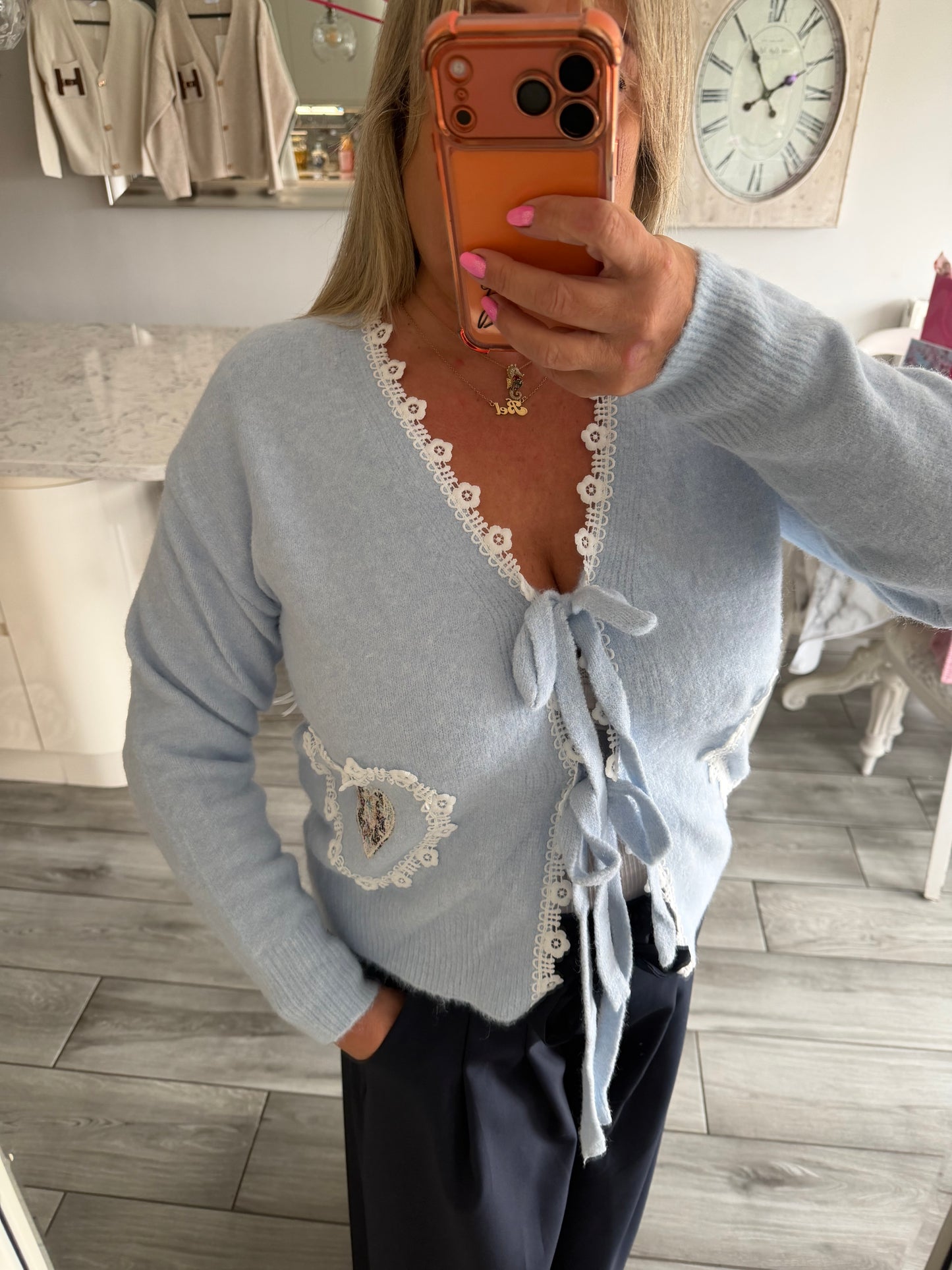 Tilly cardigan with ties and lace detail trim