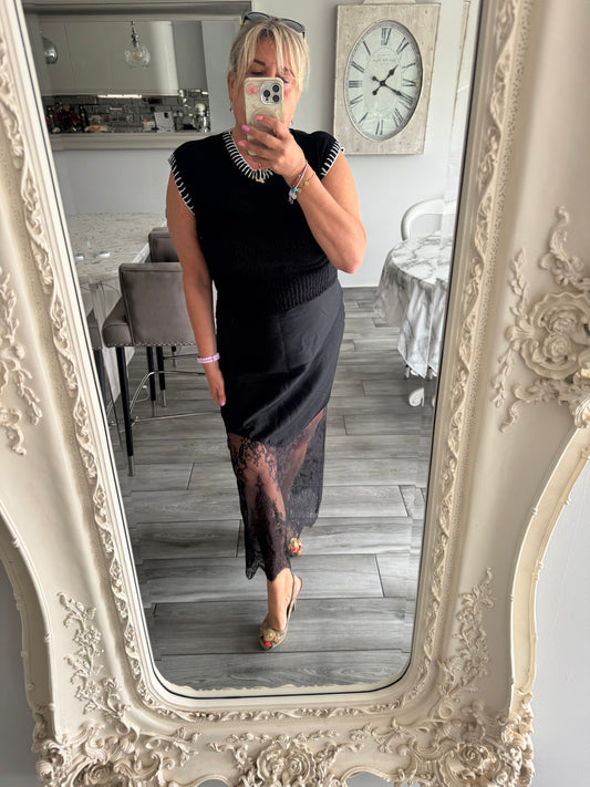 Sabina black lace satin skirt