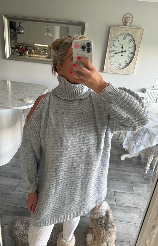 Matilda cold shoulder with pearl detail and high neck long jumper