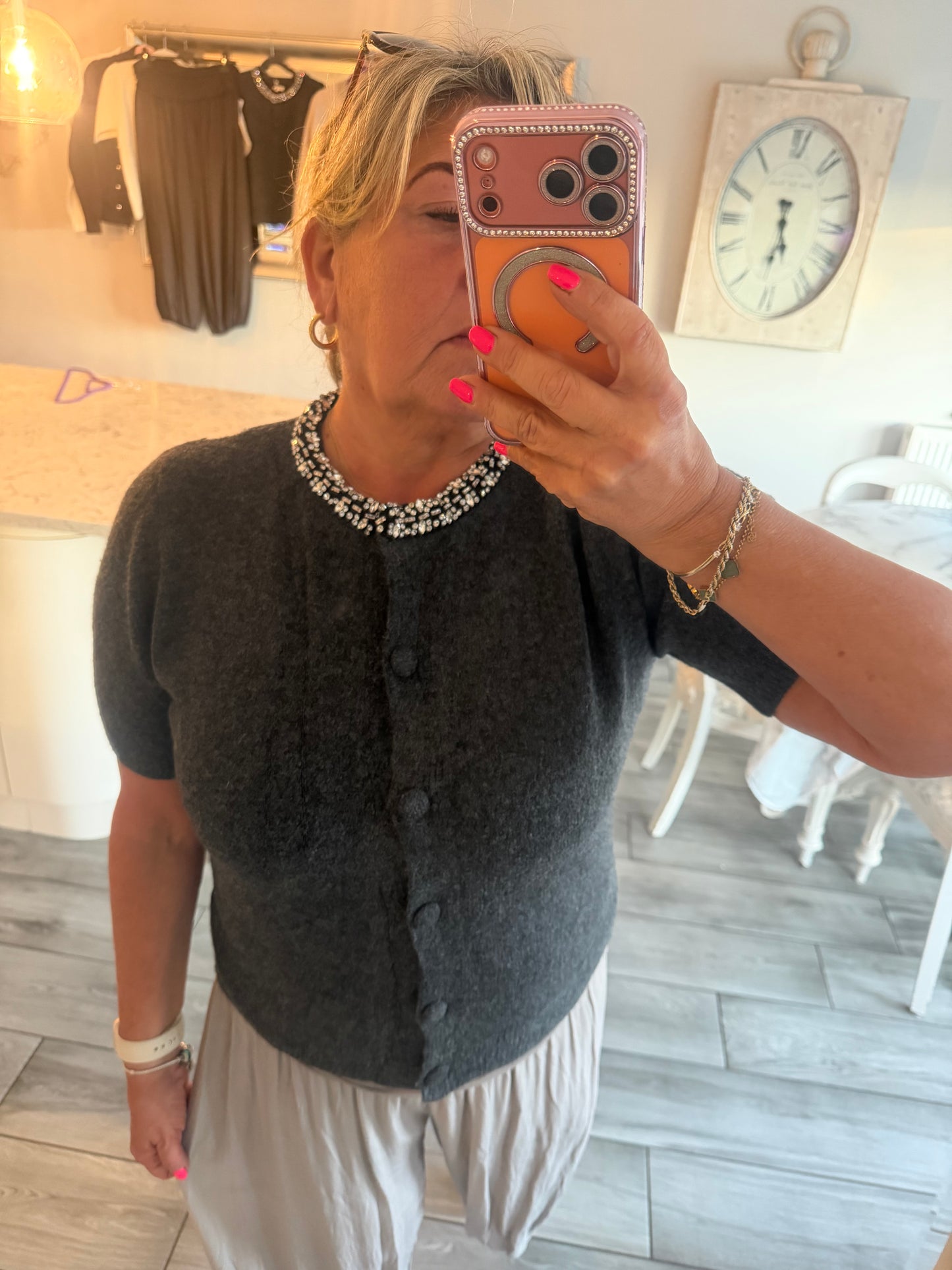 Monica crystal neck encrusted detail short sleeve cardigan/jumper