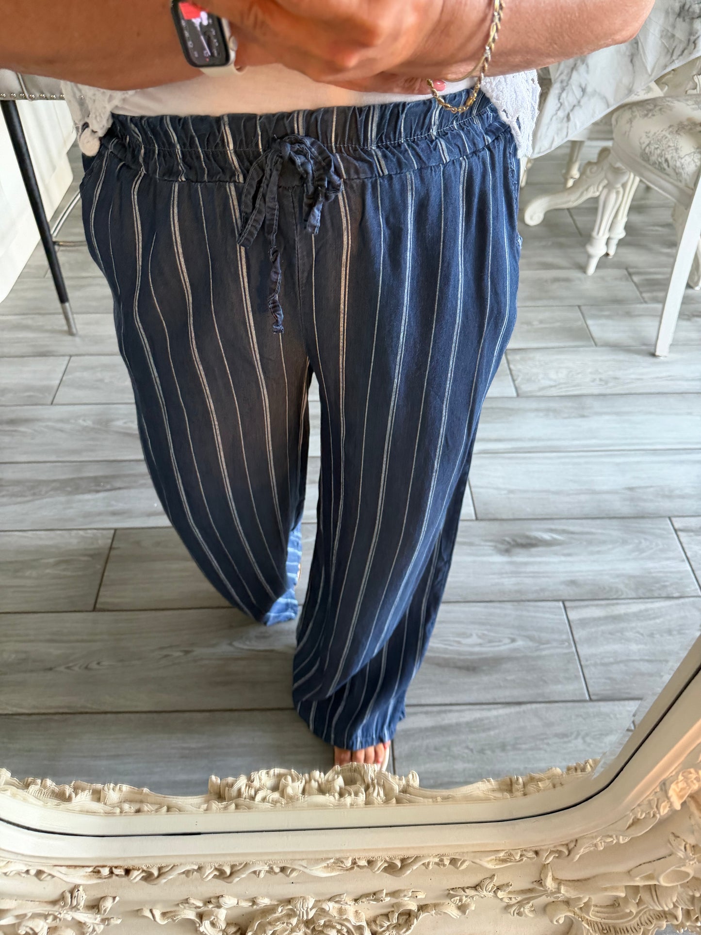 Arabella loose fit wide leg Elasticated waist trousers strip