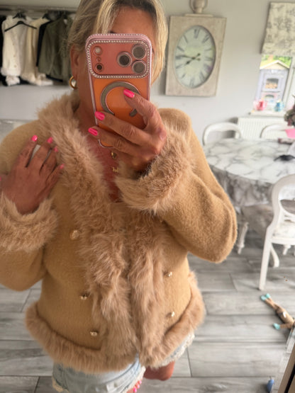 Lulu faux fur trim cardi/jacket with gold buttons and hook & eye clasp closure