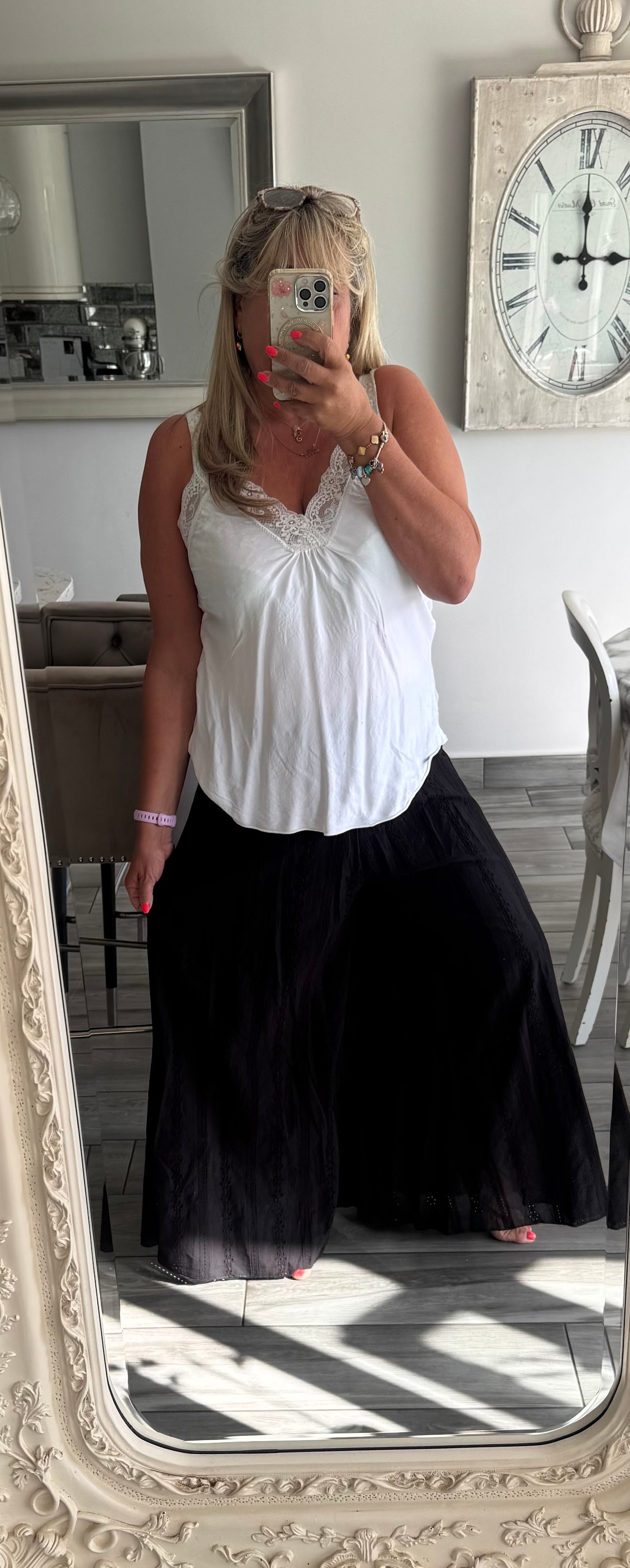Sasha broderie anglaise wide leg Shirred waist trousers with built in shorts