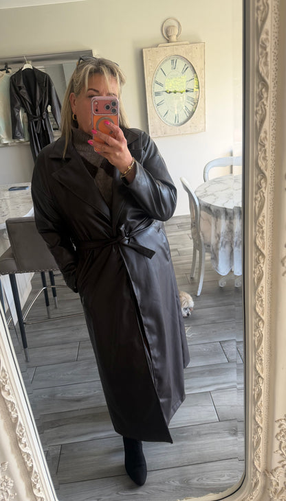 Ruby faux leather chocolate brown coat tie belt