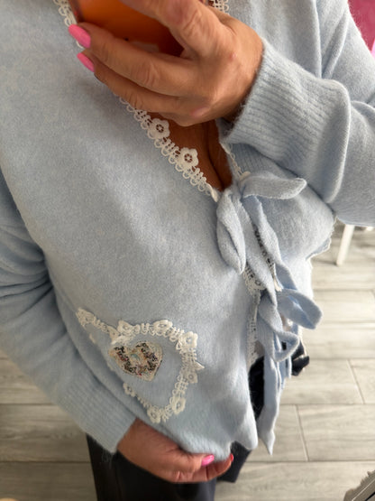 Tilly cardigan with ties and lace detail trim