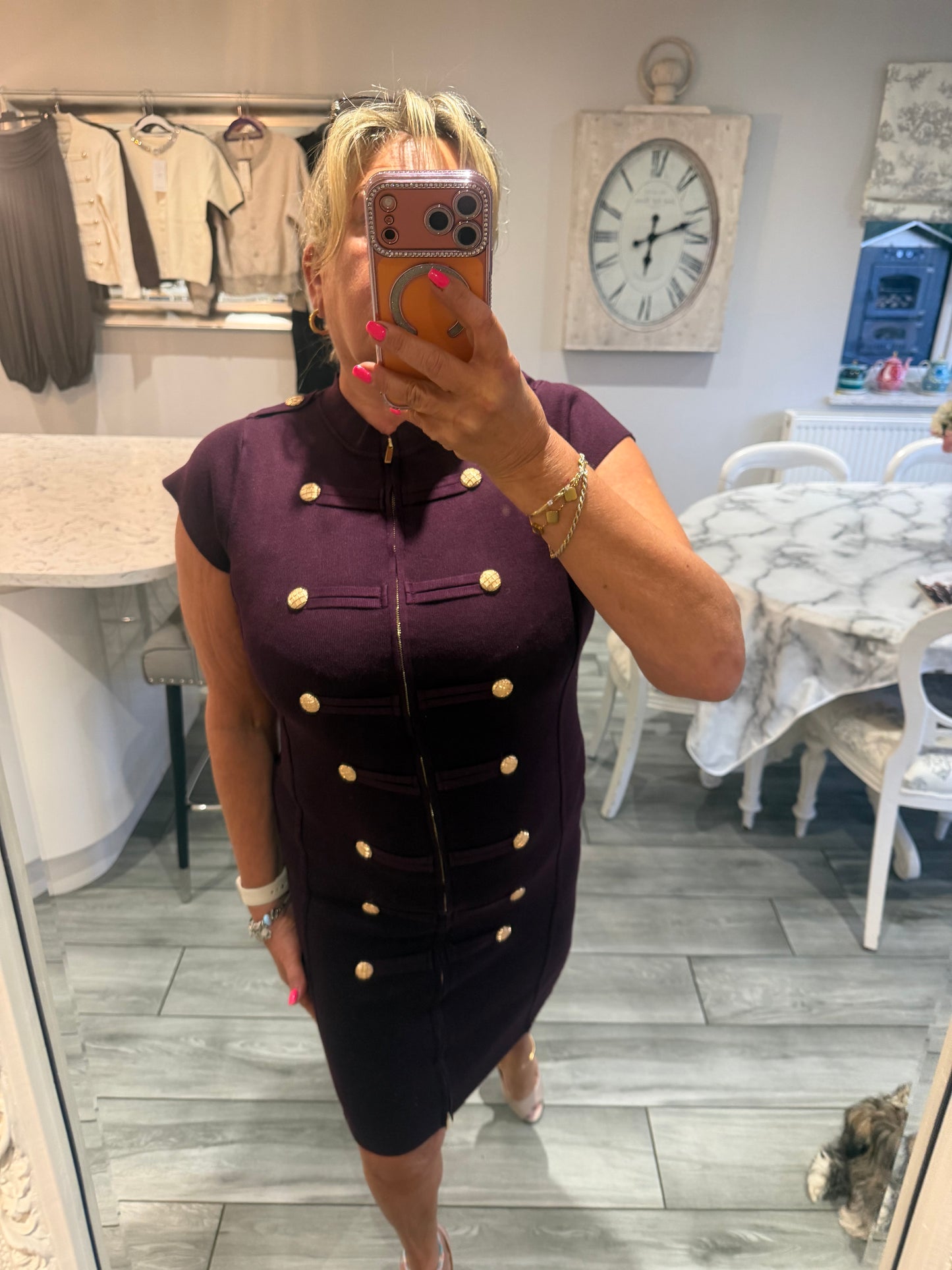 Cindy dress with full zip stretch military style gold button detail