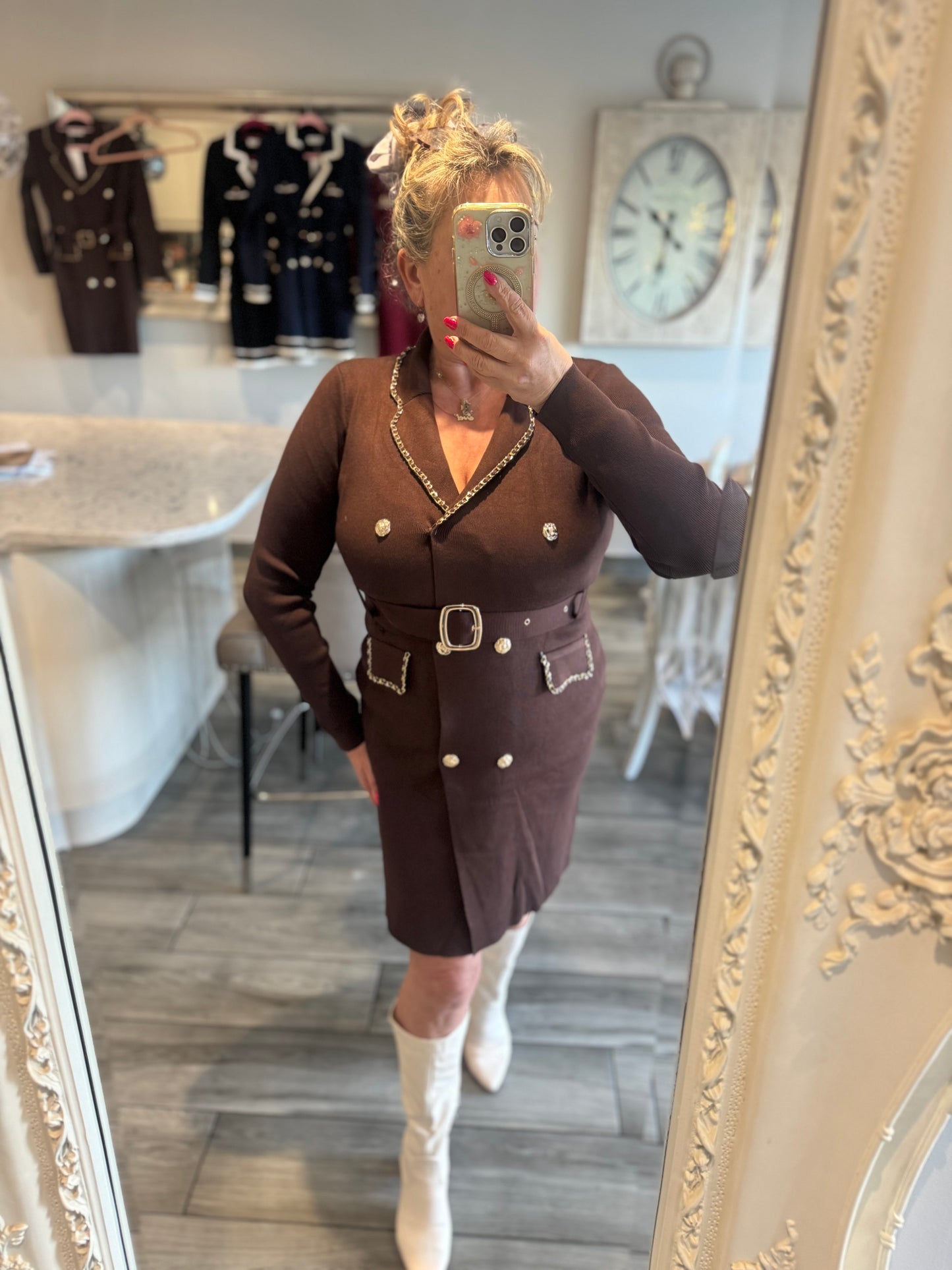 Ella smart short dress gold chanelesque chain detail