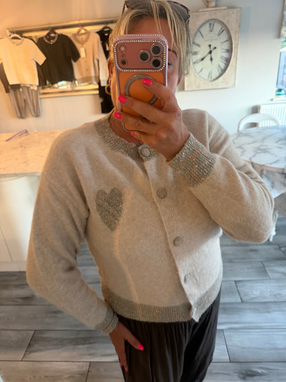 Georgia cardigan/jumper with multi coloured heart detail and trim