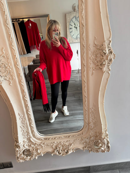 Josie red loose jumper with matching scarf with black detail on scarf