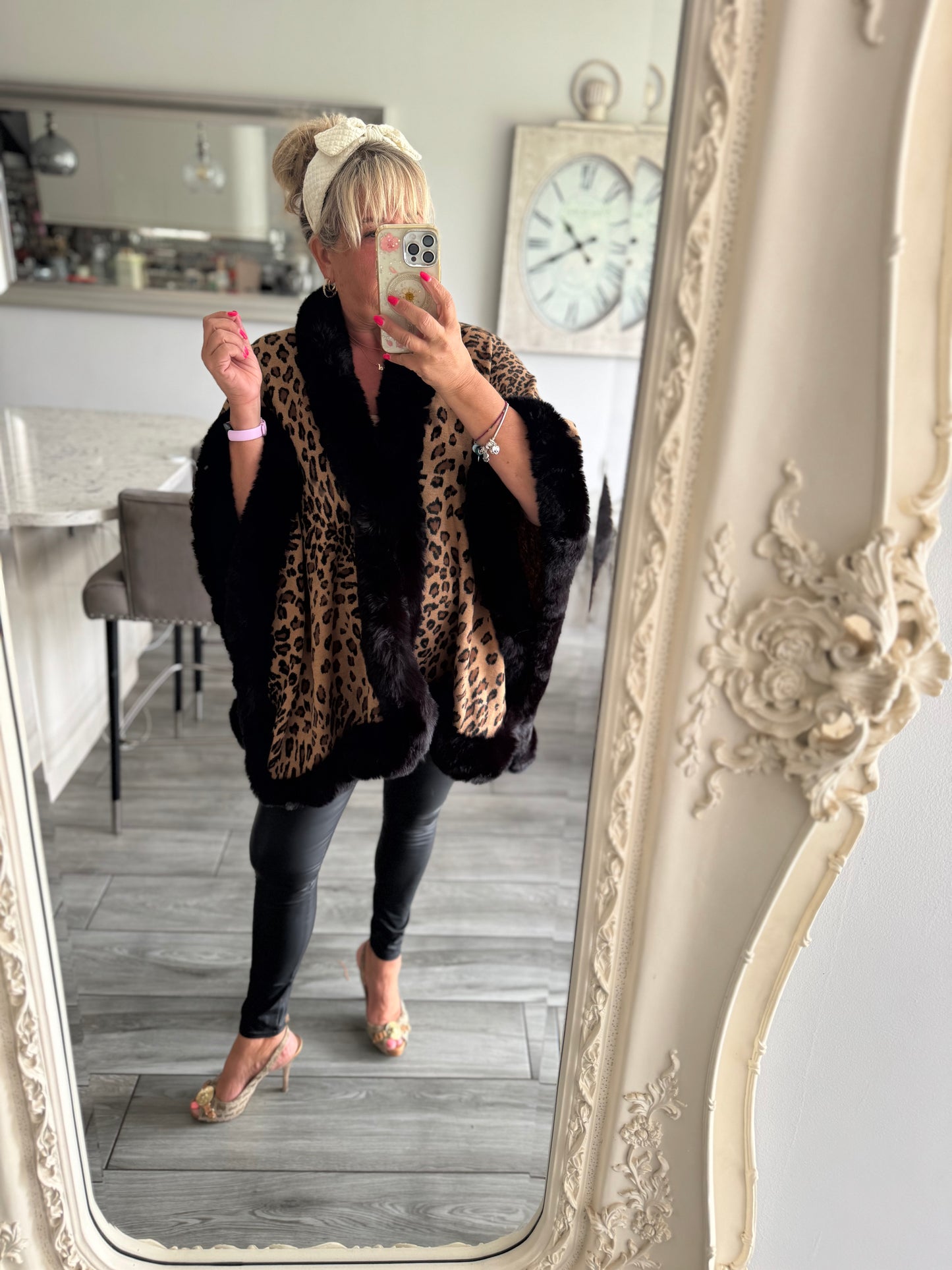 Isla leopard print with soft faux fur trim poncho style cape with fastening