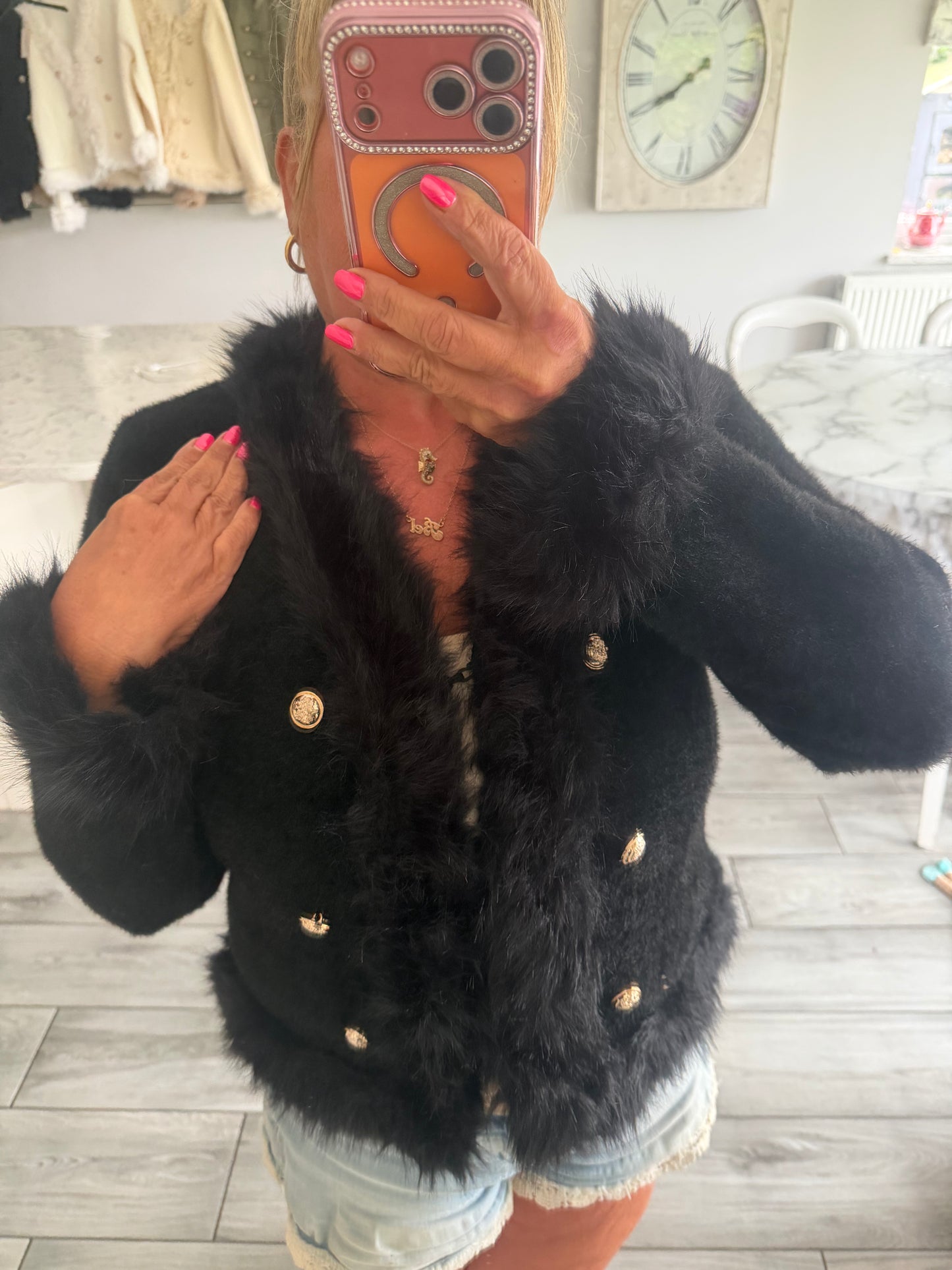 Lulu faux fur trim cardi/jacket with gold buttons and hook & eye clasp closure