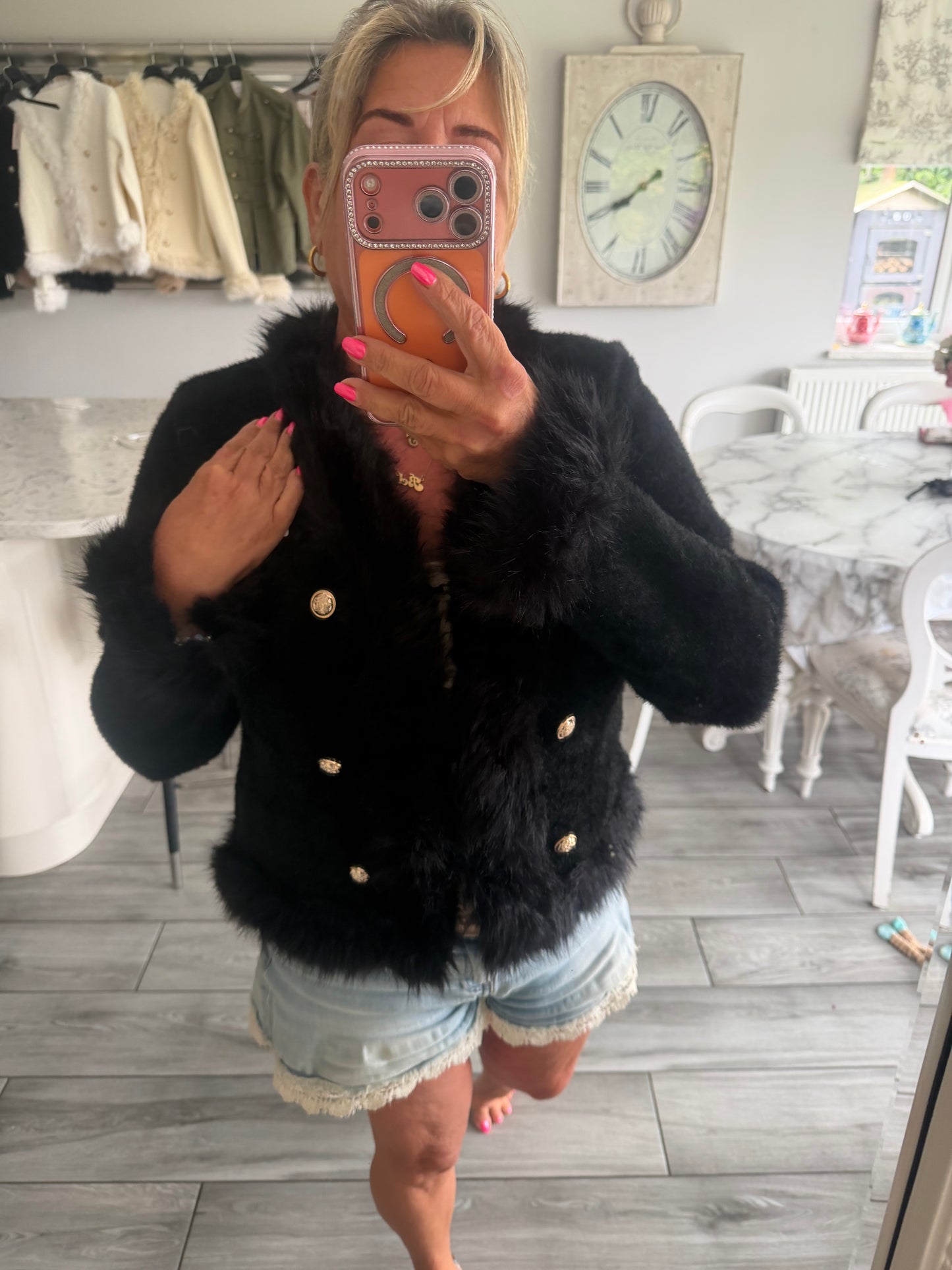 Lulu faux fur trim cardi/jacket with gold buttons and hook & eye clasp closure