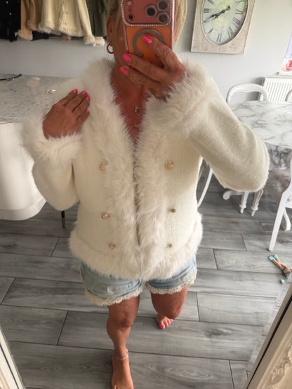 Lulu faux fur trim cardi/jacket with gold buttons and hook & eye clasp closure