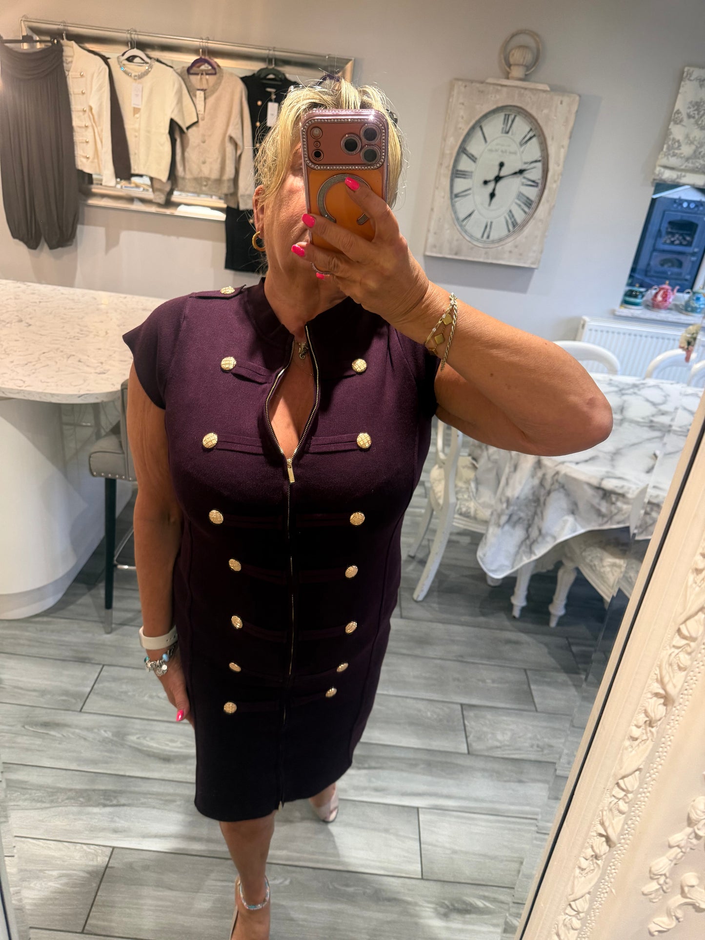 Cindy dress with full zip stretch military style gold button detail