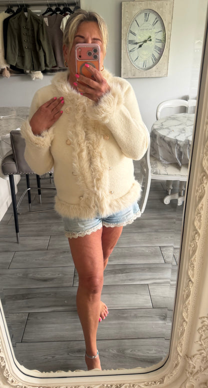 Giselle faux fur trim gold buttons cardi/jacket hook & eye closure