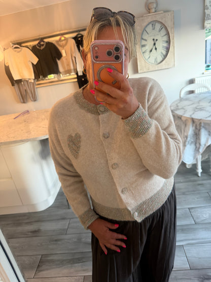 Georgia cardigan/jumper with multi coloured heart detail and trim