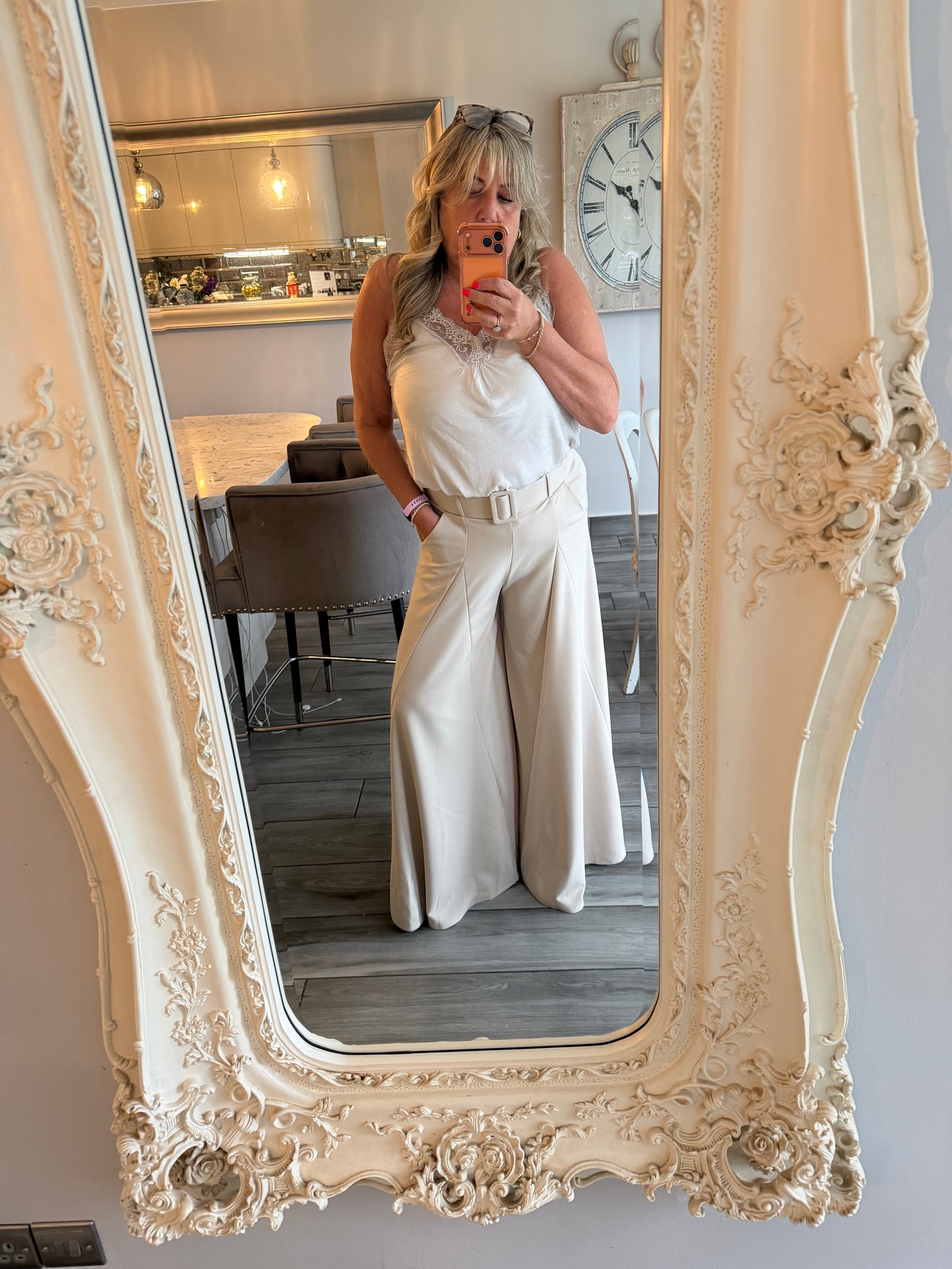 Donna belted wide leg palazzo trousers