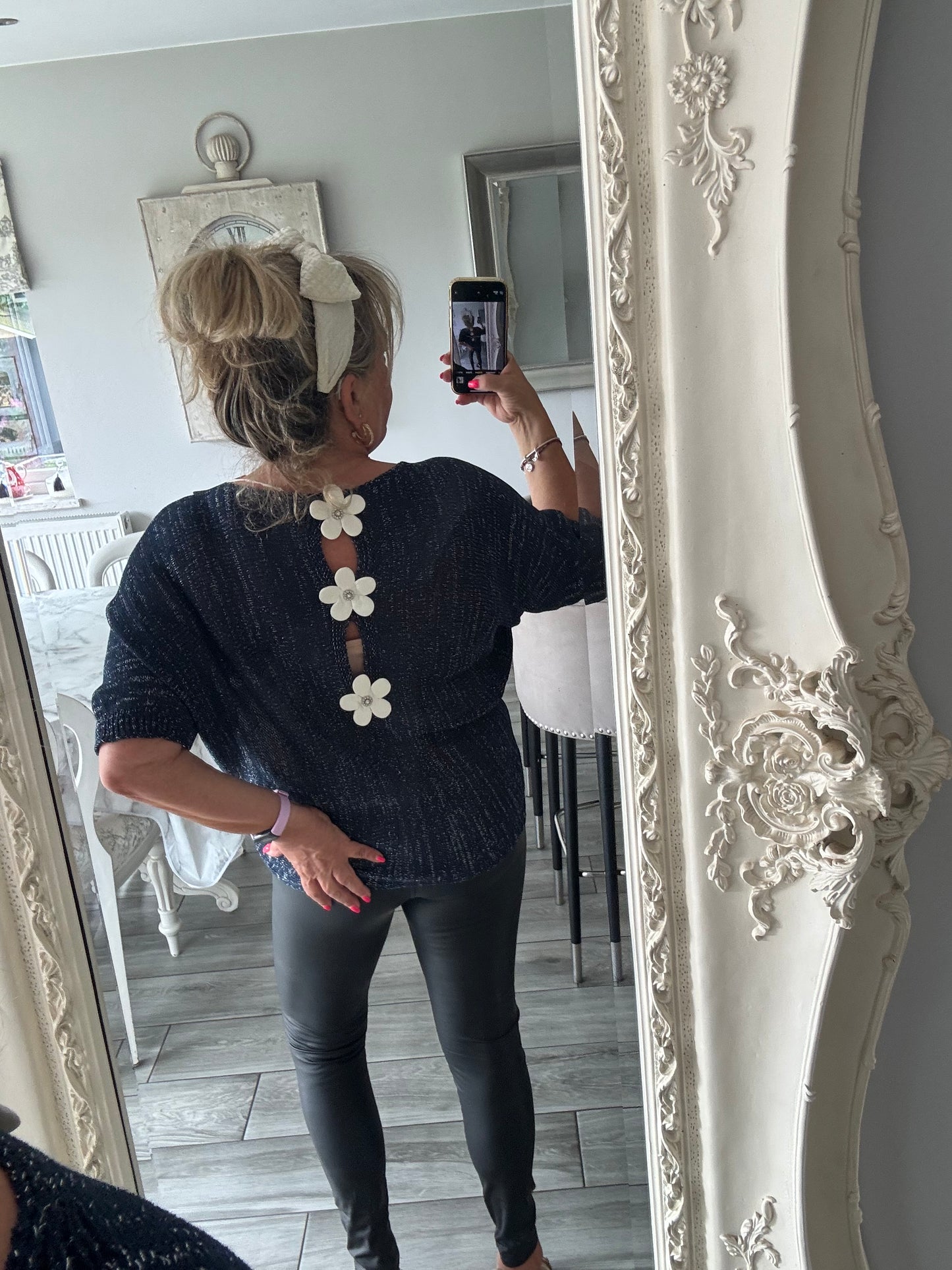 Arabella lightweight batwing jumper with silver fleck and daisies on the back