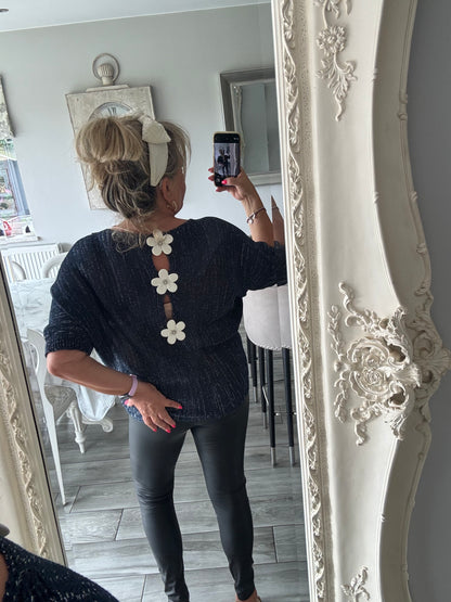 Arabella lightweight batwing jumper with silver fleck and daisies on the back