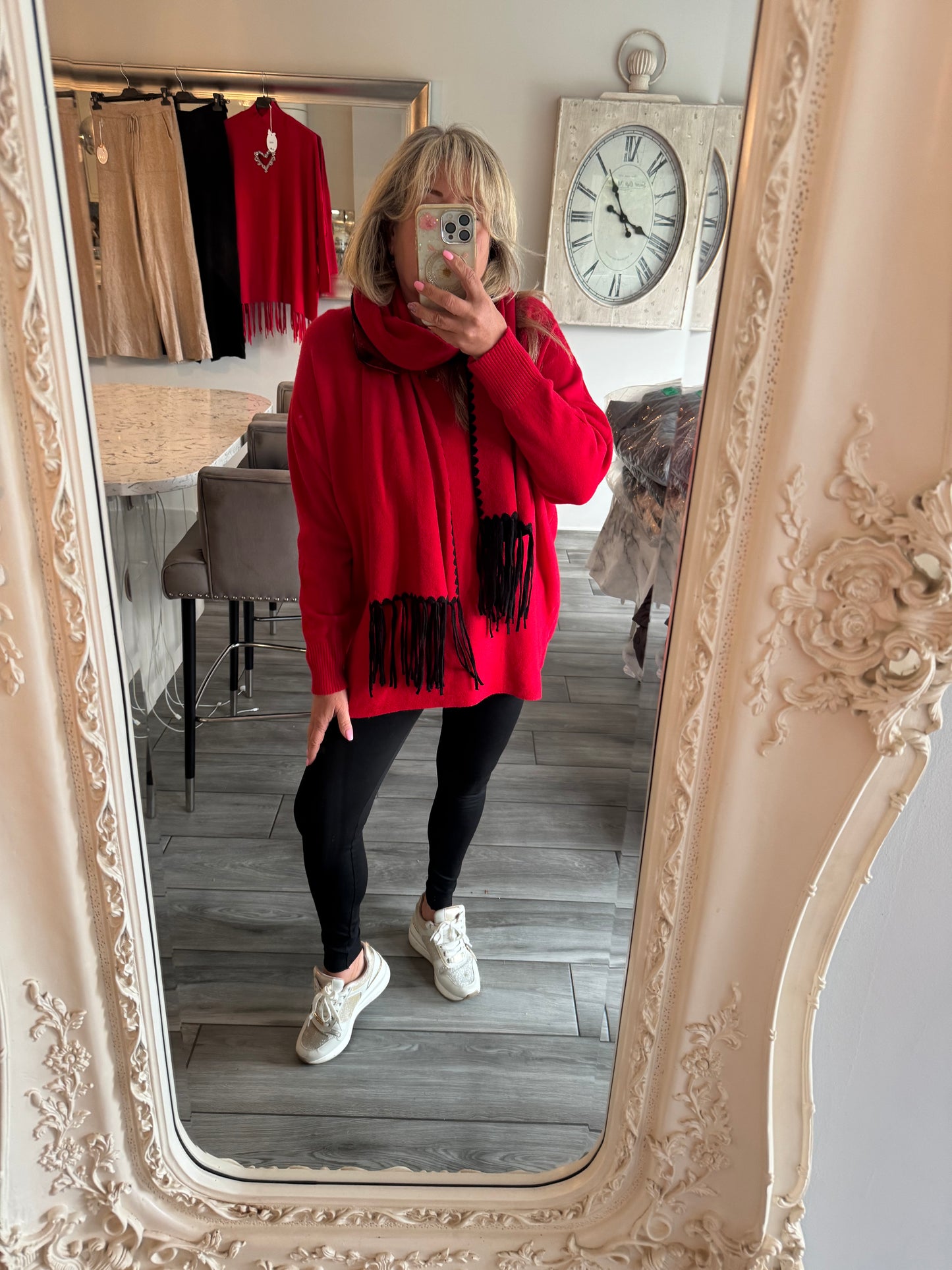 Josie red loose jumper with matching scarf with black detail on scarf