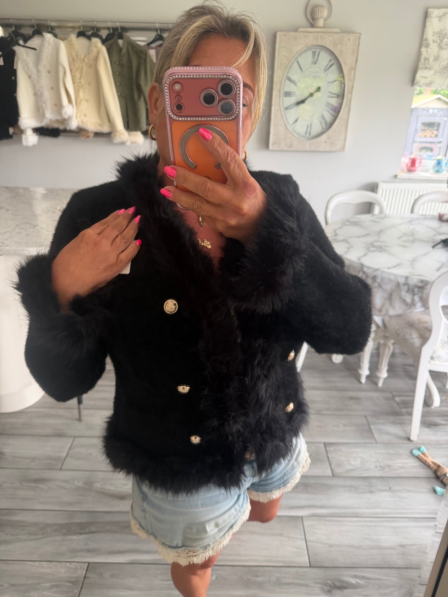 Lulu faux fur trim cardi/jacket with gold buttons and hook & eye clasp closure