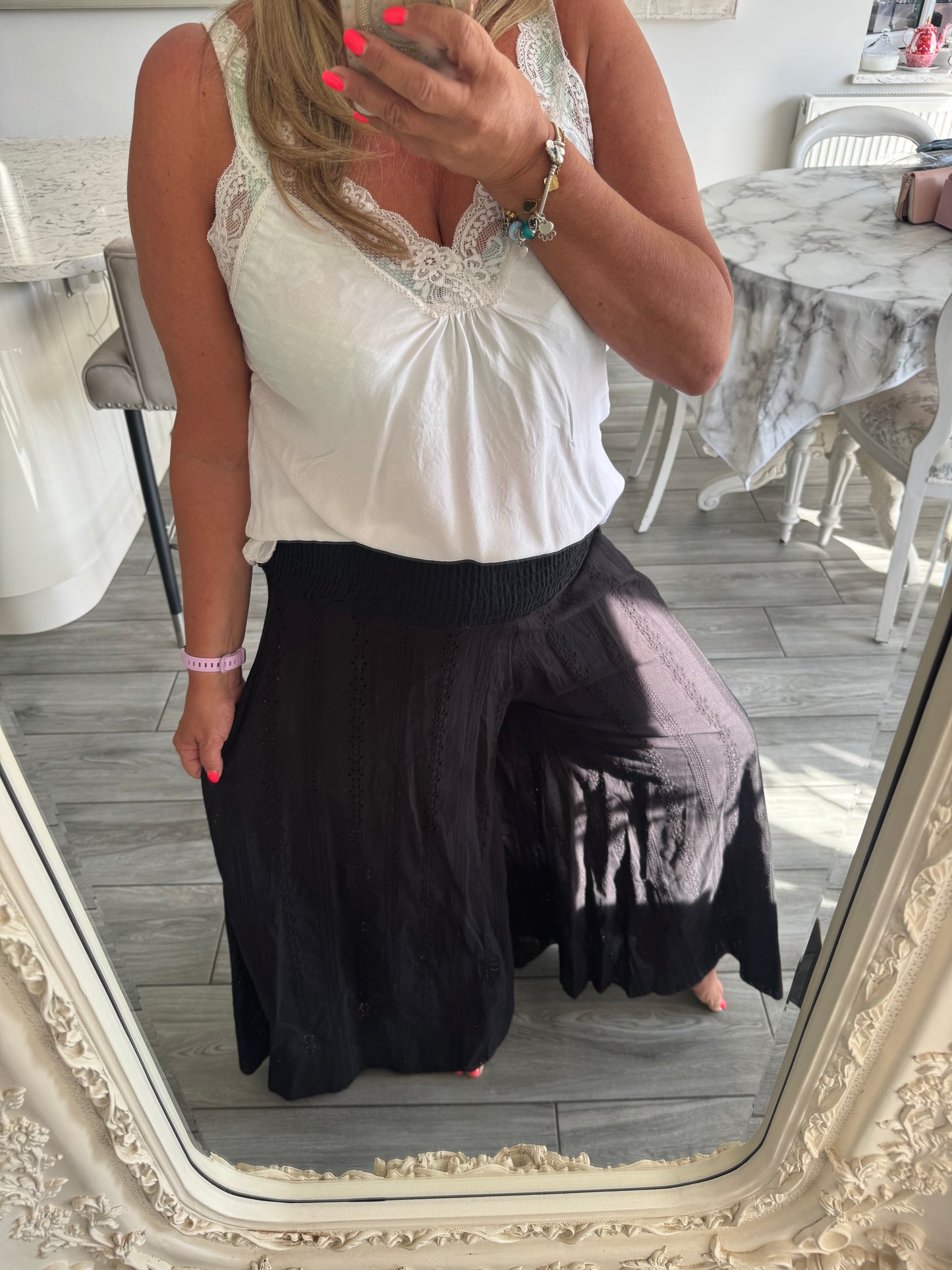 Sasha broderie anglaise wide leg Shirred waist trousers with built in shorts