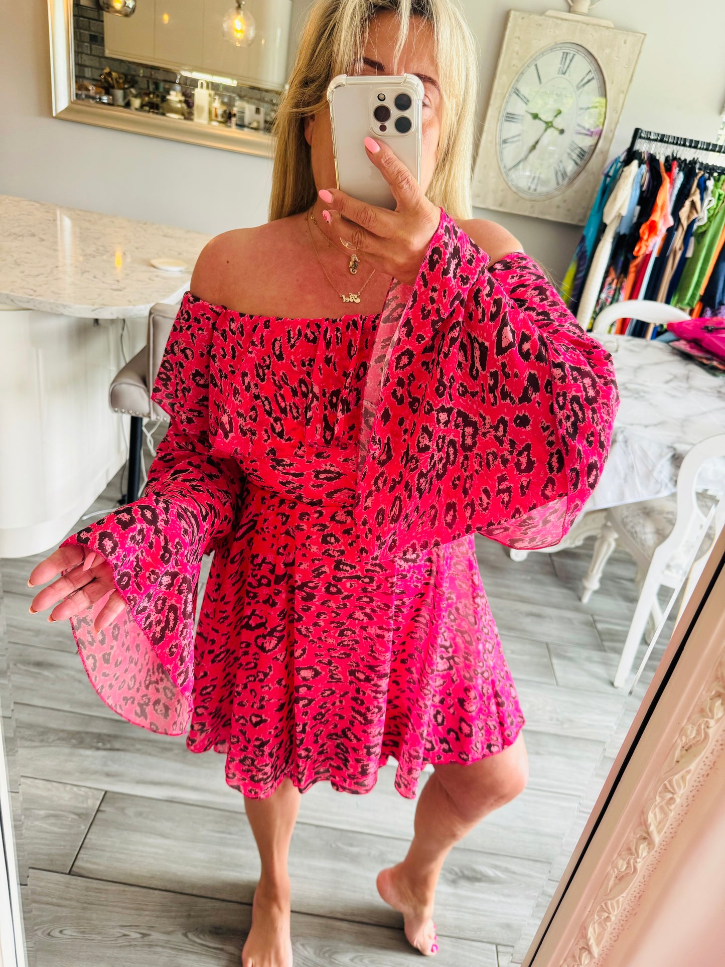 Debbie Leopard Pink wide sleeve short dress