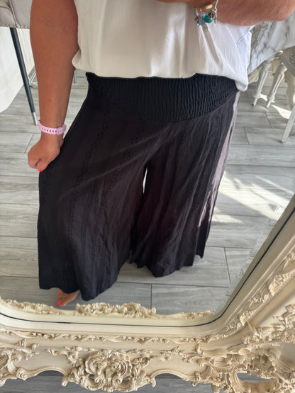 Sasha broderie anglaise wide leg Shirred waist trousers with built in shorts