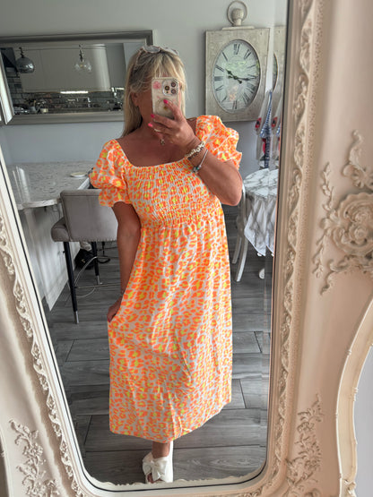 Aurora neon leopard print dress Shirred bust line