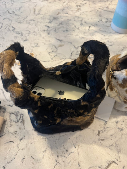 Dionne small flat faux fur bag with gold chain shoulder strap