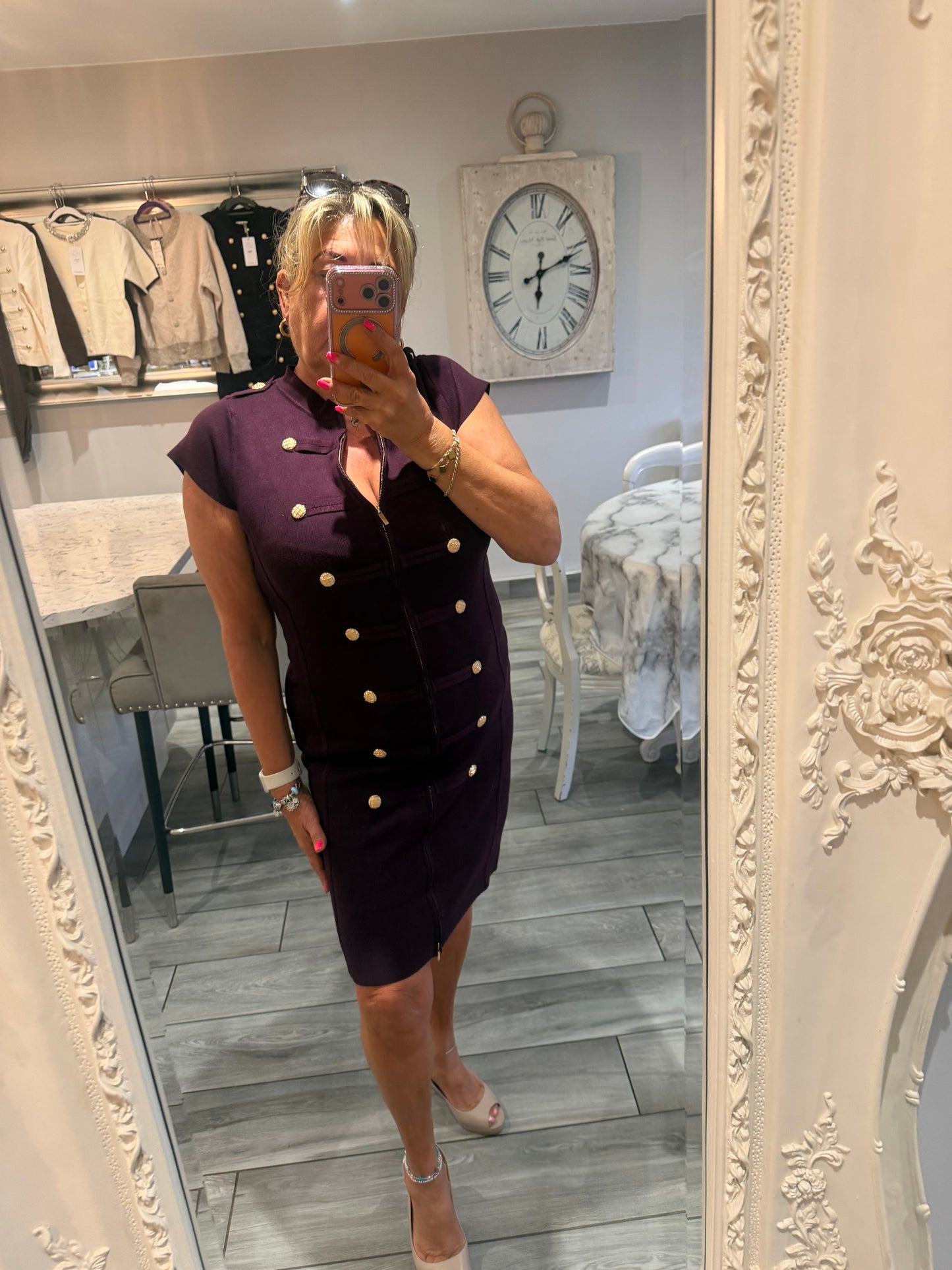 Cindy dress with full zip stretch military style gold button detail