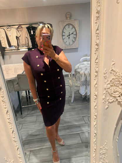 Cindy dress with full zip stretch military style gold button detail