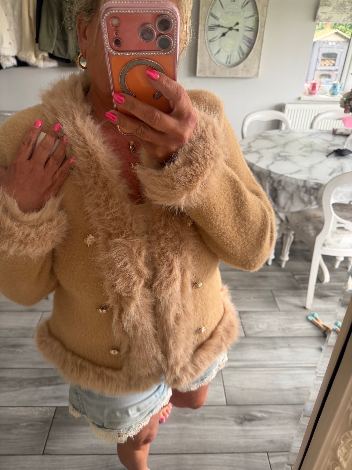 Lulu faux fur trim cardi/jacket with gold buttons and hook & eye clasp closure