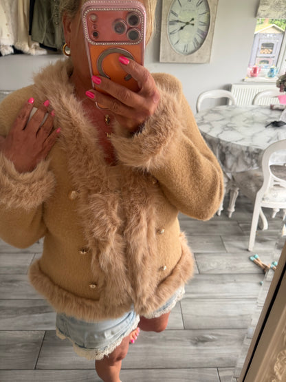 Lulu faux fur trim cardi/jacket with gold buttons and hook & eye clasp closure