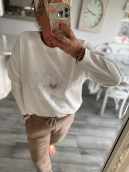 Lottie lightweight soft sweatshirt with tree of life embellishments on front