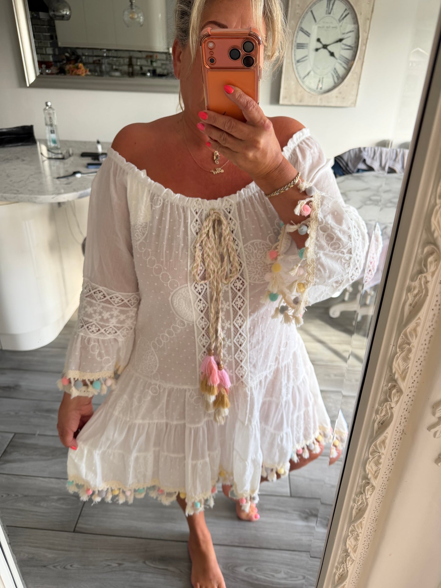 Georgia 100% cotton  Pom Pom detail Bardot dress
