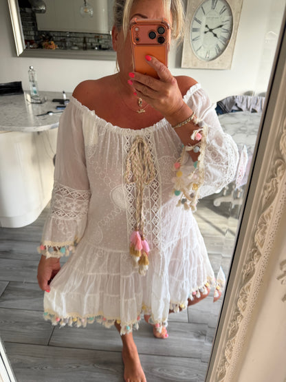 Georgia 100% cotton  Pom Pom detail Bardot dress