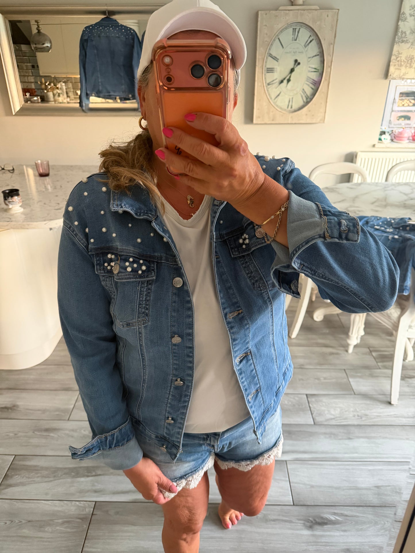 Mindy pearl detail stretch denim jacket