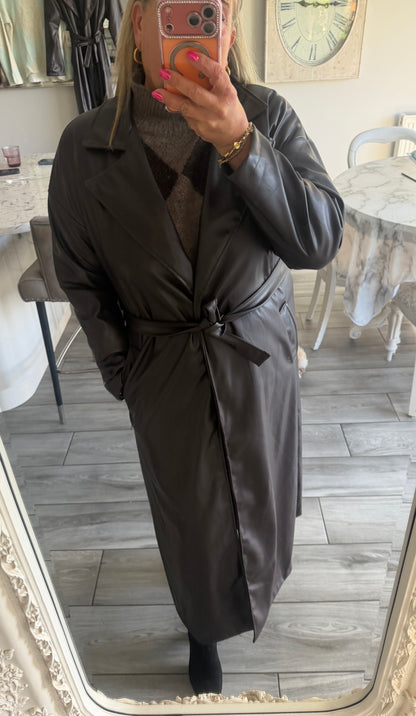 Ruby faux leather chocolate brown coat tie belt