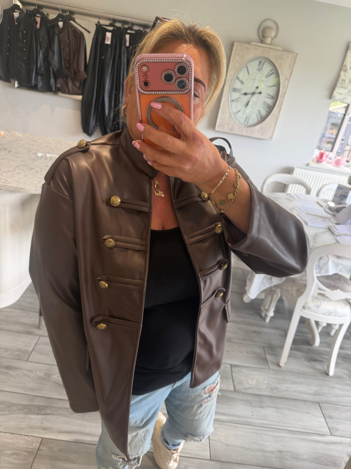 Suzie military style faux leather open jacket