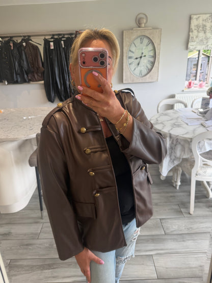 Suzie military style faux leather open jacket