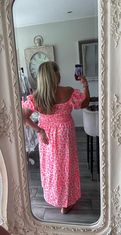 Aurora neon leopard print dress Shirred bust line