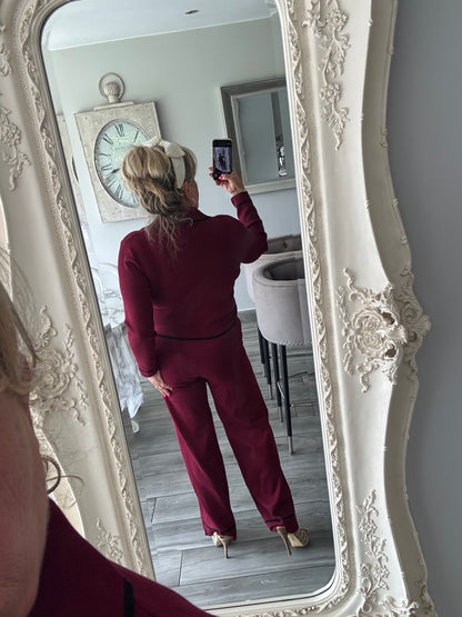 Ivy wine colour wide trouser leg set with flower detachable brooch