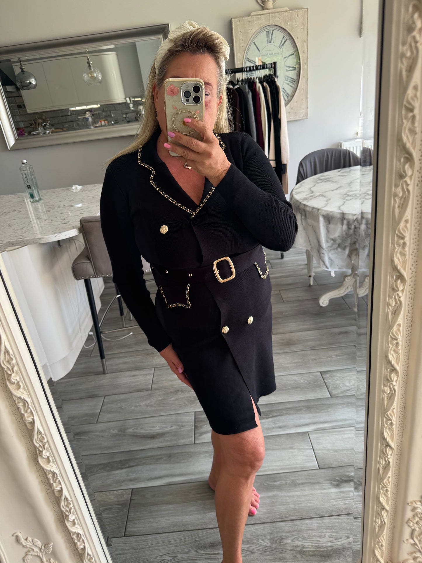 Ella smart short dress gold chanelesque chain detail