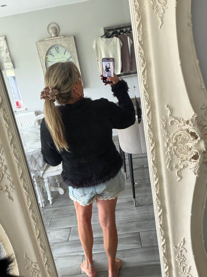Lulu faux fur trim cardi/jacket with gold buttons and hook & eye clasp closure