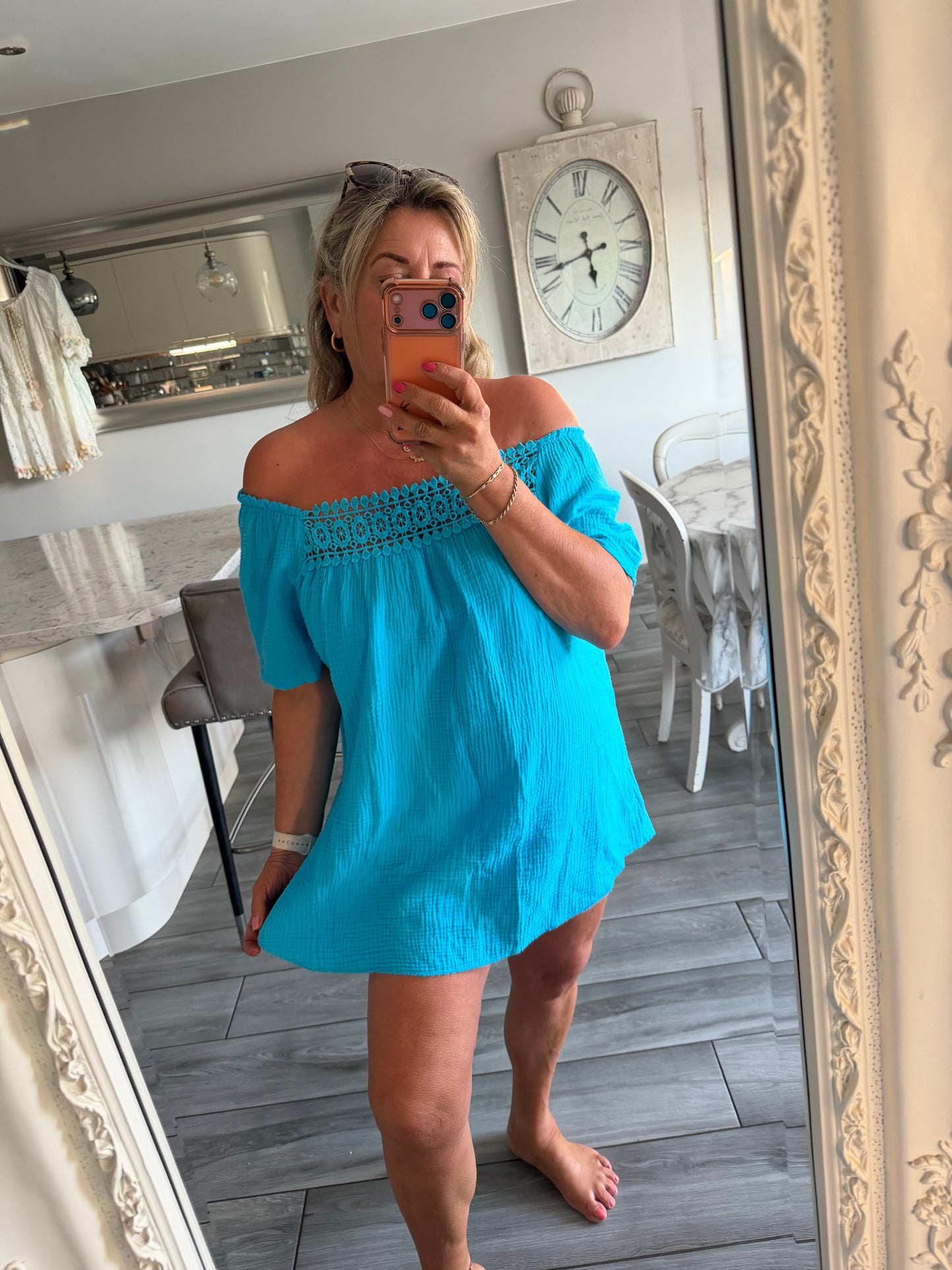 Monica cheesecloth lace detail top Bardot