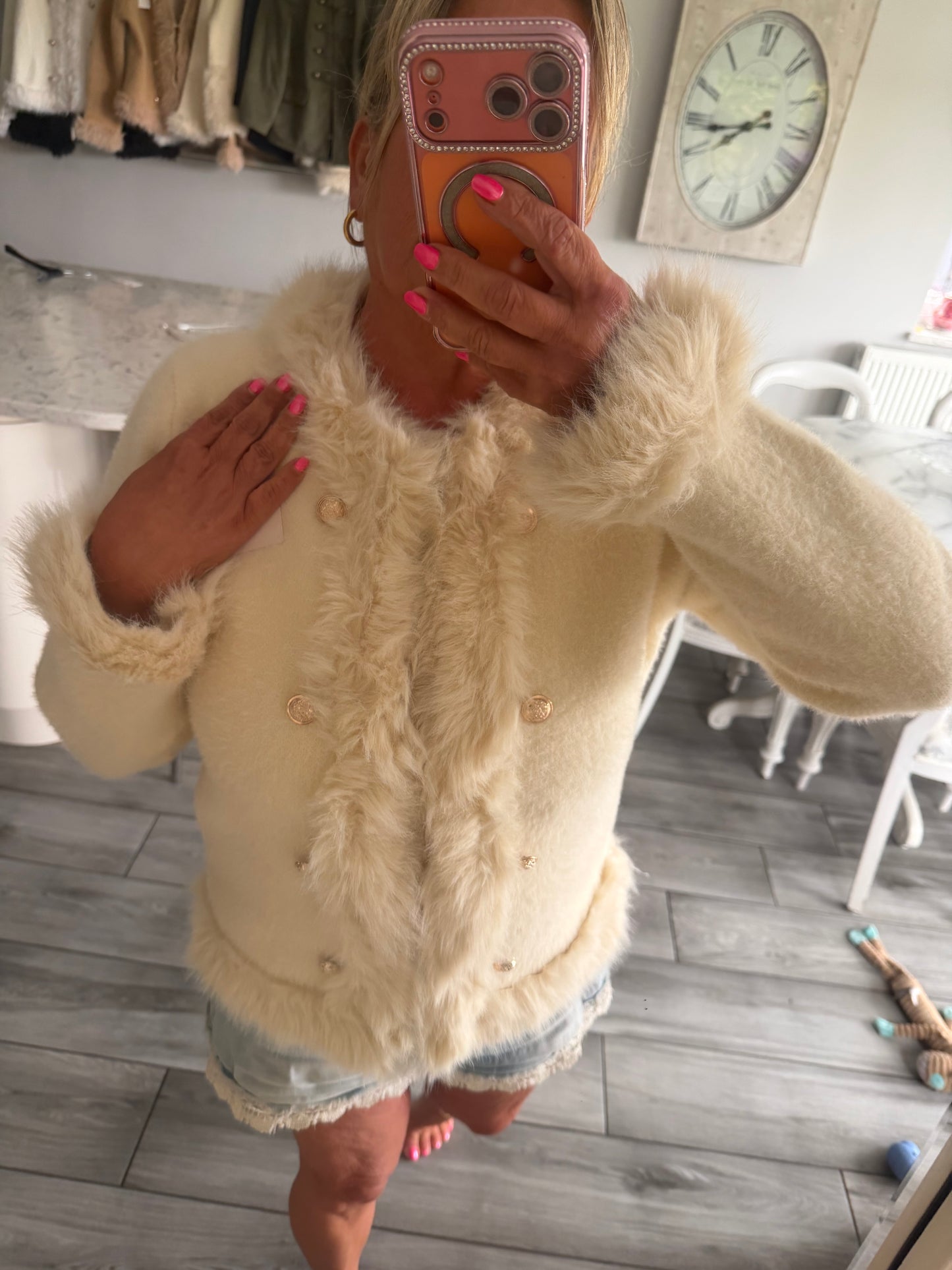 Giselle faux fur trim gold buttons cardi/jacket hook & eye closure